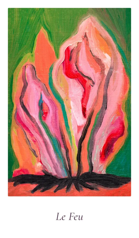 Le Feu, carte de La Petite Pythie, l’oracle de l’amour peint à la main par Elena Wolska